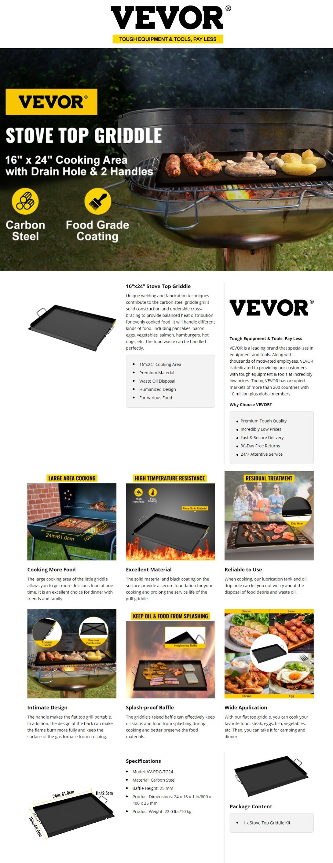 VEVOR Carbon Steel Griddle 16 in. x 24 in. Griddle Flat Top Plate with
